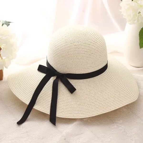 

New Simple Foldable Wide Brim Floppy Girls Straw Hat Sun Hat Beach Women Summer Hat UV Protect Travel Cap Lady Cap Female, White