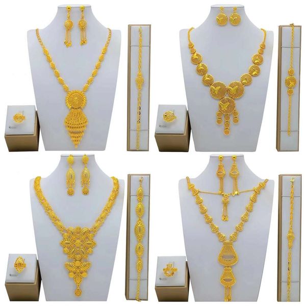 New Dubai Gold Jewelry Set Arab Bride Wedding Necklace Bracelet Earrings Ring Suitable For Wedding And Elegant Evening Parties
New Dubai Gold Jewelry Set Arab Bride Wedding Necklace Bracelet Earrings Ring Suitable For Wedding And Elegant Evening Parties