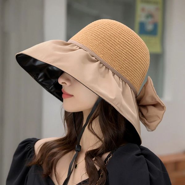 

Summer New Women Bucket Hat UV Protection Sun Hats Solid Color Soft Foldable Wide Brim Outdoor Beach Panama Cap Ponytail Caps, Cream-coloured