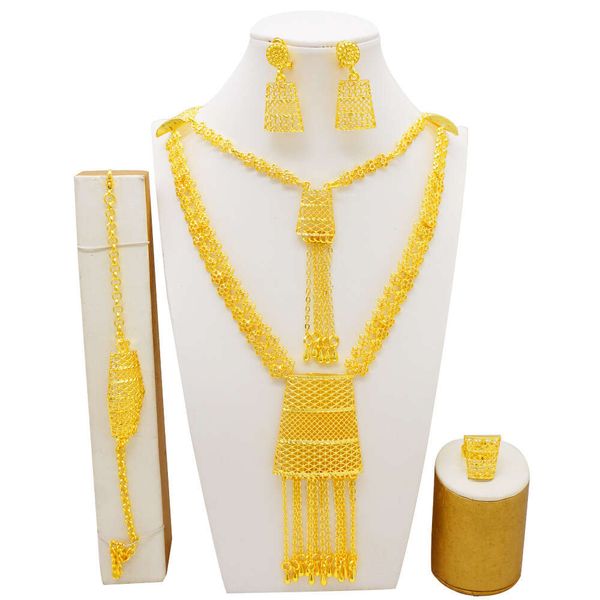

4pcs Double layered tassel large length popular jewelry necklace set, Multilayer Fringed Necklace And Earrings For Women's Party Or Wedding Decoration