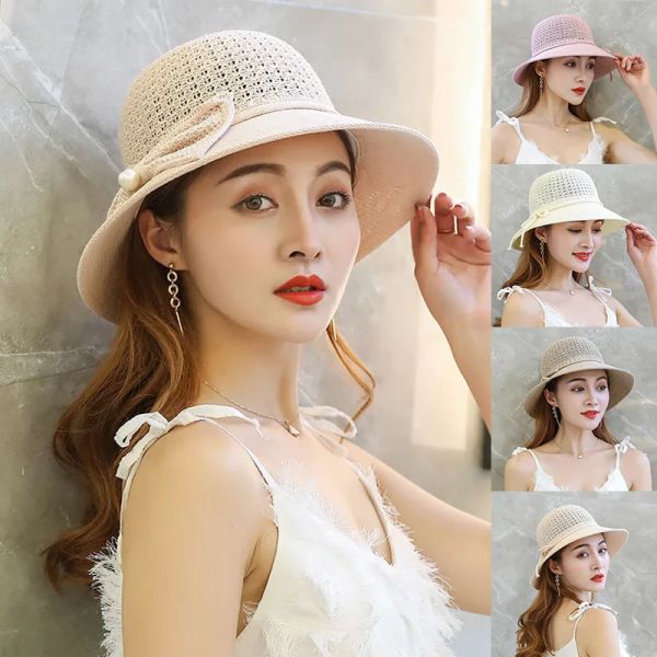 

Summer Bowknot Ribbon Outdoor Sun Hats Girls Wide Brim Straw Hat Ladies Panama Caps Sun Protection Hats For Women Sun Caps New, Beige