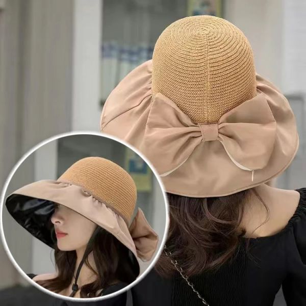 

Summer Women Bucket Hat UV Protection Sun Hats Solid Color Foldable Wide Brim Outdoor Beach Panama Cap Bows Ladies Straw Hat, Black