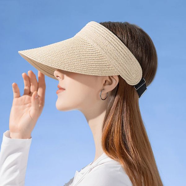 

Spring and Summer Women's Outdoor Sunshade Straw Hat Fashion Empty Top Duck Tongue Hat Big Brim Cap G37 golf hat, Pink