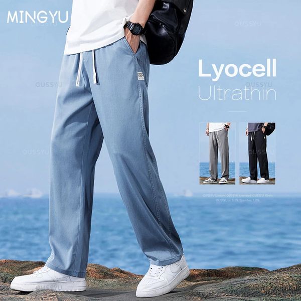 Summer High Quality Cozy Lyocell Fabric Mens Jeans Loose Straight Thin Elastic Waist Casual Denim Pants Work Trousers Big Size 240513
