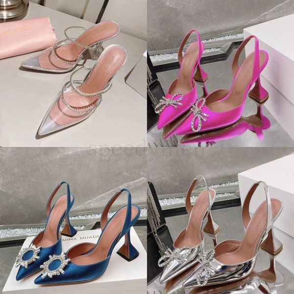 

wedding Sandals Heeled Shoes Dress Shoe Luxury Designer Satin High Amina Muaddi Bow Crystal-Embellished Buckle Pointed Toe Sunflower Pcv Sandal, Random color1