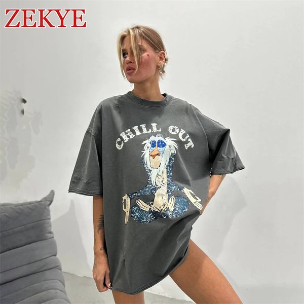 Zekye Vintage Distressed Oversized T Shirt Woman Cotton Monkey Grey Loose Strtwear Basic Short T Shirts Retro Fashion Hippie 240507