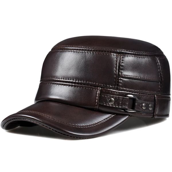 

Winter Genuine Leather Cap Men's Flat Caps Warm Army Military Hat Elegant Man Baseball Cap British Vintage Cowhide Leather Hat, Brown