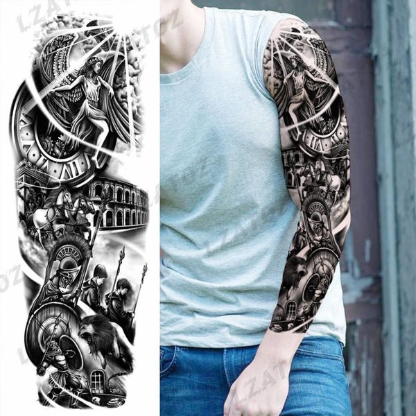 Full Sleeve Temporary Tattoos For Men Women Realistic Pirate Ship Wolf Tiger Skull Rose Flower Fake Tattoo Sticker Arm Tatoos