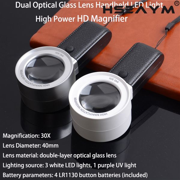 30X Double Pptical Glass Lens 3 LED+1 UV Light Lamp Handheld Magnifier Repair Loupe Elderly Children Reading Magnifying Glasses