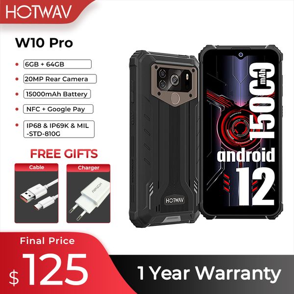 W10 HOTWAV Pro Rugged Smartphone 15000mAh Large Battery Android 12 Cellphone Octa-Core 6.53 Inch NFC 6GB 64GB 20MP Mobile Phone
