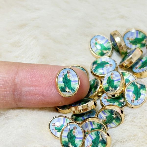 30 Pieces Gold Plated St Jude Catholic Charm Oval Green San Judas Tadeo Bracelet Rosary Beads Accessories for DIY Jewelry Making