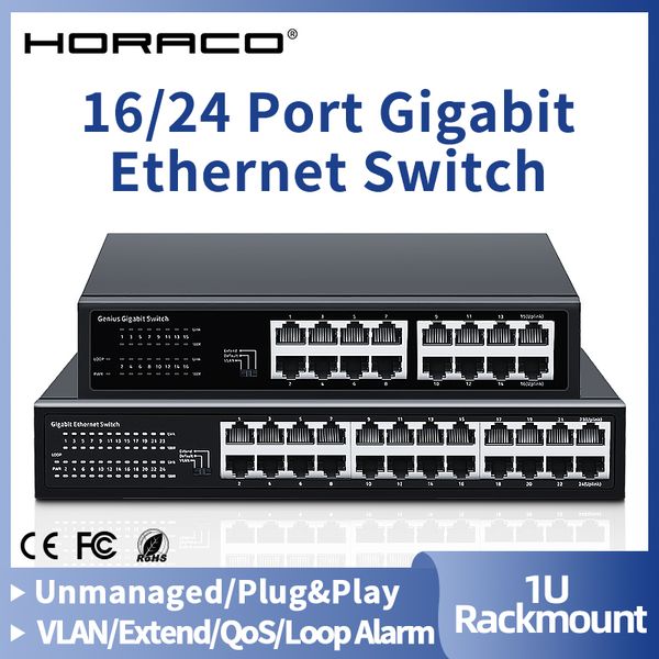HORACO 16/24 Port Gigabit Ethernet Switch 1000Mbps Network Fast Smart Switcher Hub Internet Splitter with VLAN,QOS,Loop Alarm
