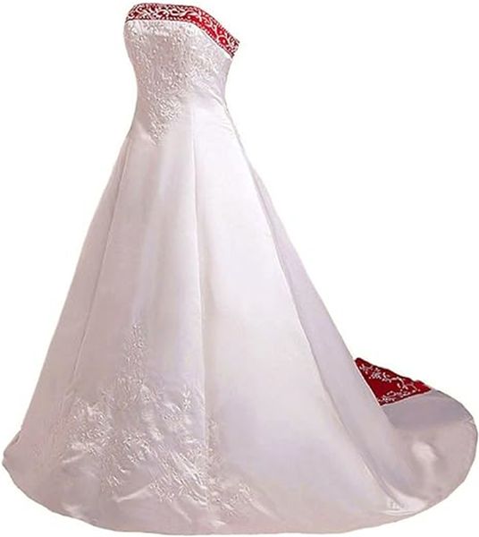 White & Red Satin A-Line Wedding Dress