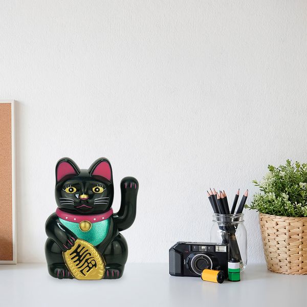 Solar Powered Beckoning Fortune Cat Automatic Waving Lucky Cat Ornament Cute Waving Arm Lucky Cat for Home Office Car Decoration