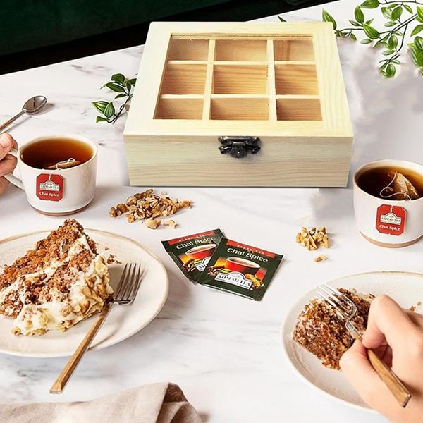 Tea Storage Box With 9 Compartments, Transparent Glass Top, Multifunctional Storage Box That Can Store Various Tea Bags Durable