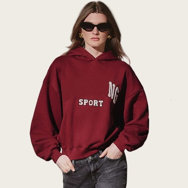 25ss new embroidered cotton hoodies women designer dark red loose hooded sweatshirts high quality fashion lady sport sweaters