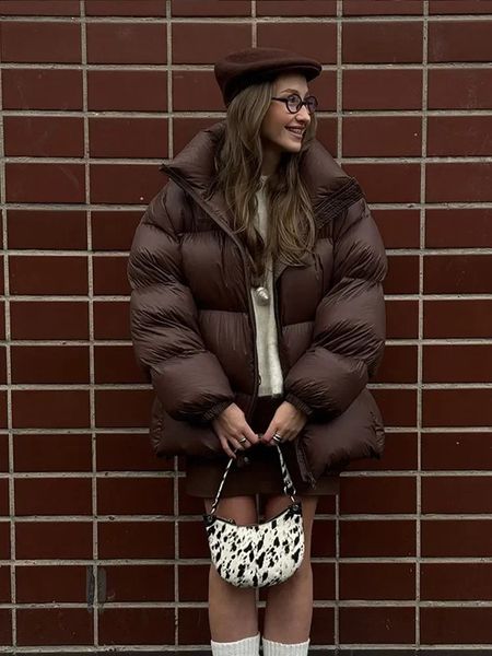 Vintage Chocolate Stand Collar Cotton Short Coats Casual Long Sleeves Zipper Thick Warm Jacket 2024 Women Winter Outerwears
