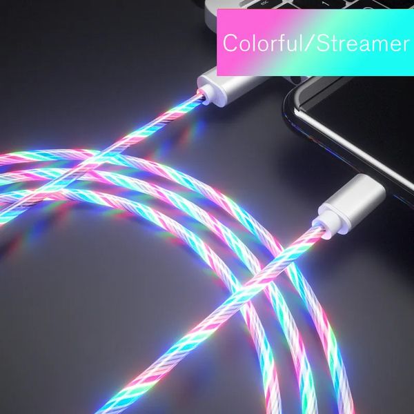 5A 1M Phone cables Glowing LED Flowing Light Type C Micro USB Cable Quick Charging Data Line iPhone cable For iPhone 14 15 Pro Max and Samsung Xiaomi Android Phones