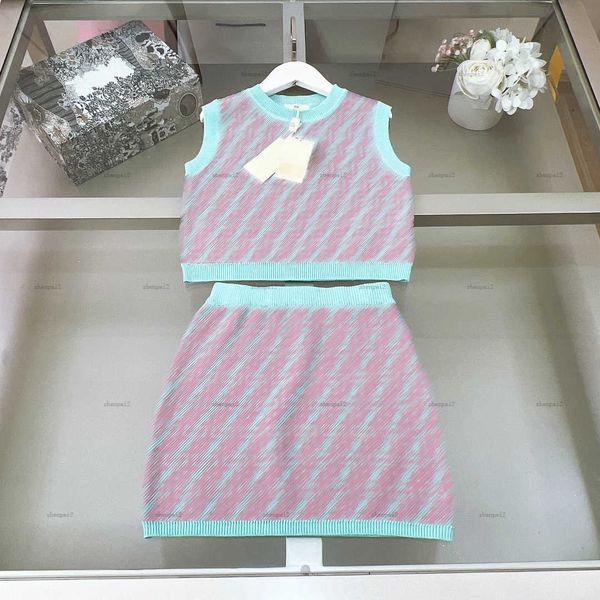 Luxury girls dress summer t-shirt set Ice silk cotton full crochet process baby skirt set kids designer clothes Knitted tank tops and skirts