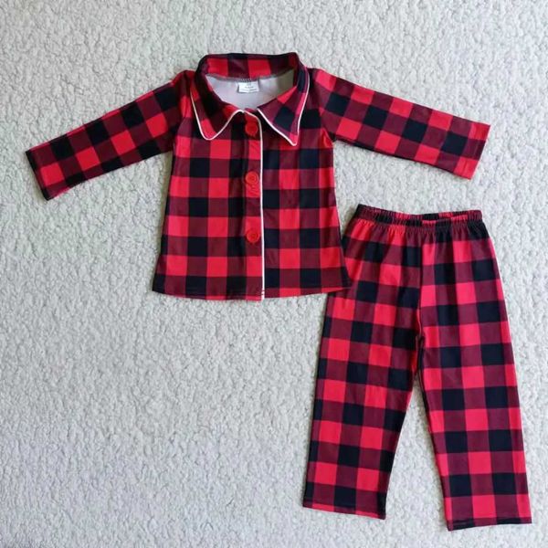 New Christmas Match Baby Boys and Girls Red Checkered Button Long Sleeve Pajama Set Wholesale Boutique Childrens Clothing RTS W241213