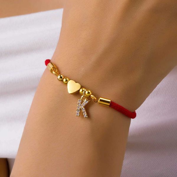 Stainl Steel Gold Color A-Z Heart Initial Letter Bracelet for Women Lucky Red Adjustable Rope Bracelet Charm Jewelry GiftXJ241214