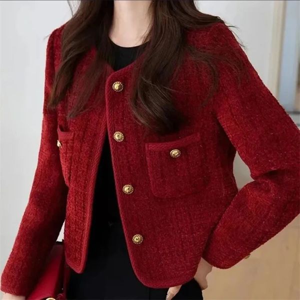 Outerwears Womens Jacket Jackets Burgundy Coat Spring and Autumn Temperament Joker Socialite Tweed 241216