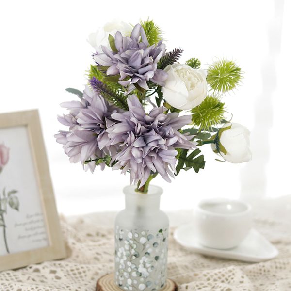 Artificial Purple White Handwritten Dahlia Tea Pod Flower Home Table Peony Arrangement Fake Wedding Bridal Rose Decorative Plant