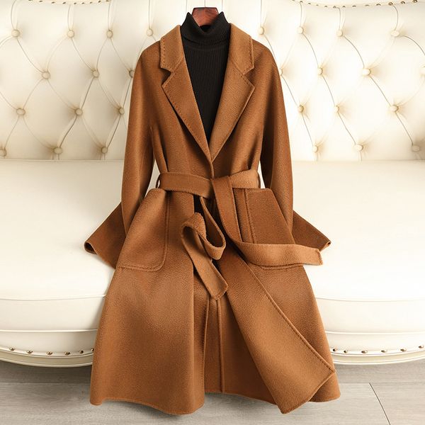 D4090 Double-faced wool coat for women long 2024 autumn and winter new style water ripple over knee high-grade wool coat