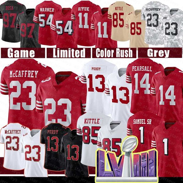 Ricky Pearsall Football Jerseys Christian McCaffrey Brock Purdy Niners Fred Warner George Kittle Deebo Samuel Nick Bosa Fred Warner Trent Williams Brandon Aiyuk