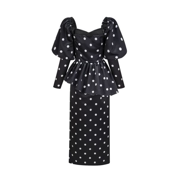 (467) Niche design puff sleeves, elegant commuter style long skirt, high waist basic dress