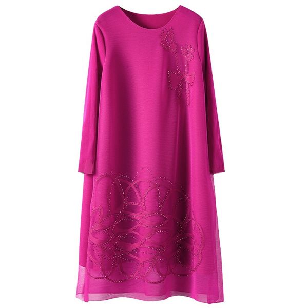 (83) Spring women's pleated three-home loose long-sleeved splicing flower diamond mesh mother's dress