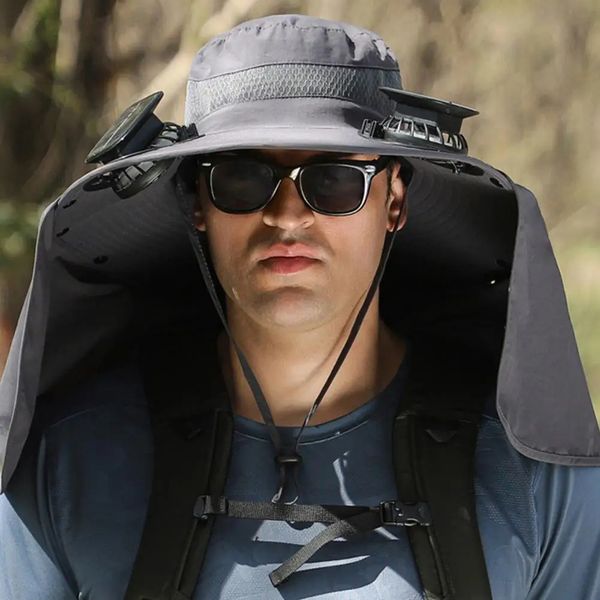Solar With Neck Flap USB Rechargeable UV Protection Dual Cooling Fan Fishing Foldable Men Women Fisherman Sun Hat 240702