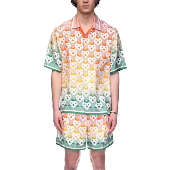 24ss High Quality Men Designer Silk Casual Shorts tn New Tide Classic Style Gradient Color Love Print Summer Loose Sports Pants Hawaii Beach Silk Button Shirt Top Suit