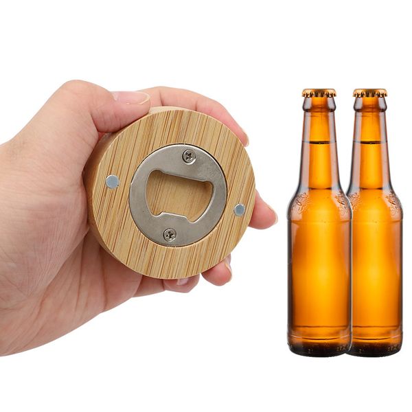 Bamboo Beer Bottle Opener Magnetic Fridge Magnet Round Beer Cap Bottles Openers Refrigerator Magnet Home Kitchens Tools