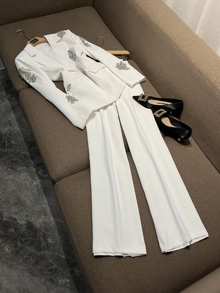 2024 Autumn White Solid Colour Rhinestone Two Piece Pants Sets Long Sleeve Notched-Lapel Beaded Blazers Top + Wide Leg Trousers Pants Set Two Piece Suits O4Q092851