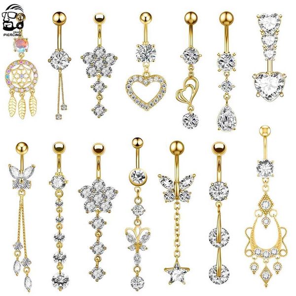 Navel Rings Butterfly-bow Dangled Navel Ring Piercing 14G Flower Heart Crystal CZs Belly Button Ring for Women Stainless Steel Belly Jewelry Q240710