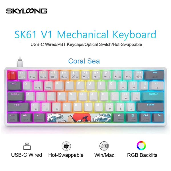 SKYLOONG SK61 V1 Keyboard Optical Switch Wired Mechanical Coral Sea Theme 60% Profile Hot-Swapping RGB Backlight Gamer KeyboardM240715