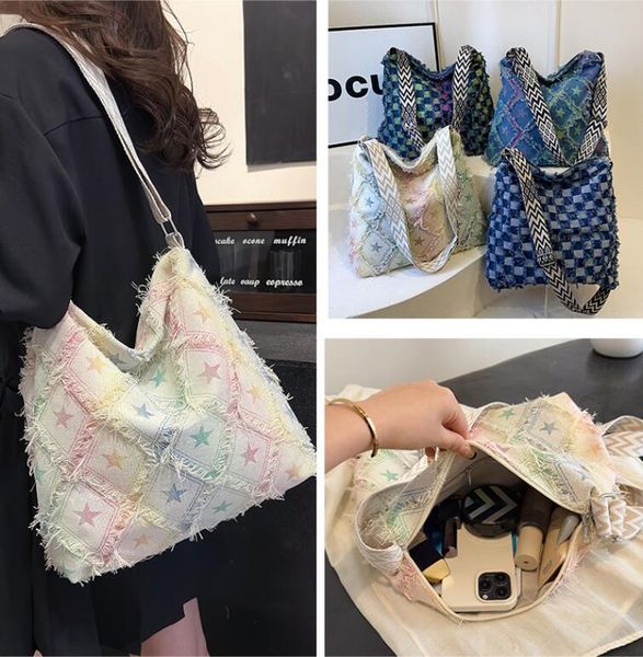 Factory wholesale women's shoulder bag summer light small fresh denim canvas bag niche Joker embossed rhombic backpack street trend tassel leisure tote bag 6670#, Image colors/6670#
Factory wholesale women's shoulder bag summer light small fresh denim canvas bag niche Joker embossed rhombic backpack street trend tassel leisure tote bag 6670#, Image colors/6670#