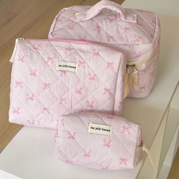 Pink Bowknot Quilting Women Cosmetic Bag Portable Zipper Makeup Travel Organizer Female Handbag Toiletry Pouch For Girls 240722