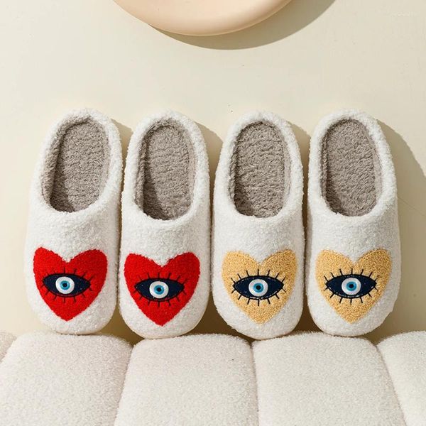 Slippers Home Women's Winter Warm Houseshoes Evil Eye Style Fuzzy Comfy Heart Flat Sole Funny Flip Flops Women Shoes