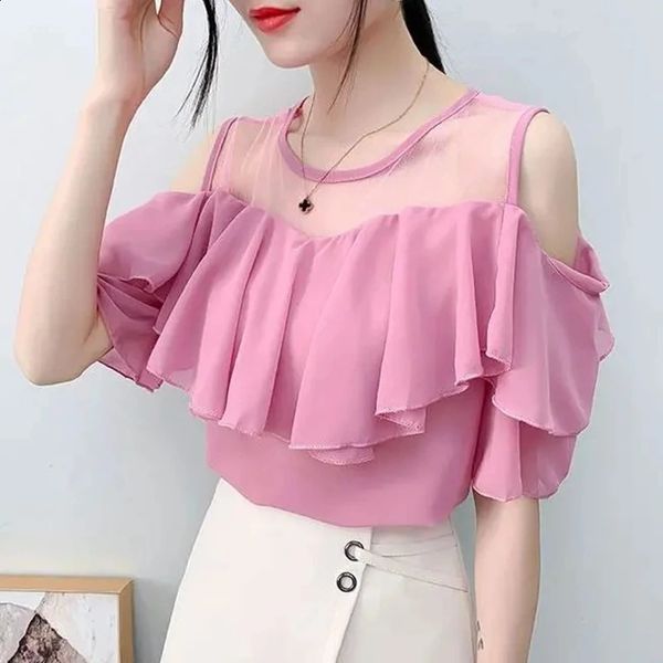 Off Shoulder Sexy Chiffon Blouses Women 2024 Summer Korean Fashion Clothes Ruffles Slim Sweet Ladies Casual Lace Tops Shirts Y2k