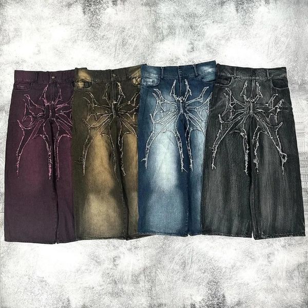 Y2K jeans harajuku retro gothic wing letter pattern baggy men black pants punk hip hop demin wideleg streetwear