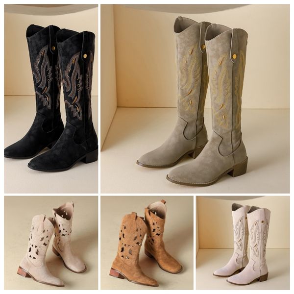 Embroidery long over the knee boots square head hollow boots female chunky heel show models cowboy boots retro ethnic style elastic knight boots and western boots, Black 
Embroidery long over the knee boots square head hollow boots female chunky heel show models cowboy boots retro ethnic style elastic knight boots and western boots, Black