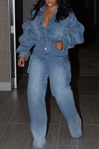 Womens Denim Cargo Jumpsuit Puff Sleeve Zipper Lantern Sleeve Jeans Harajuku Plus Size Casual Pockets Rompers Overall Outfit 240730