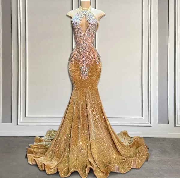 Champagne Sequin Prom Birthday Dress 2024 for Black Girls Sparkly Halter Crystal Rhie Mermaid Evening Formal Gala Gowns Robe De Soiree