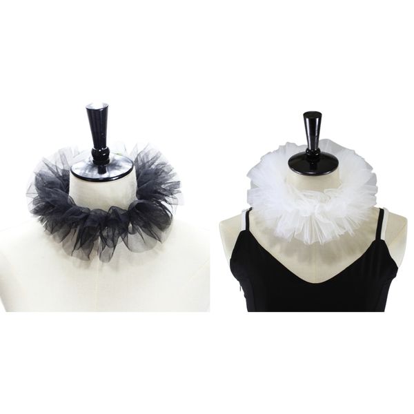 652F Women Renaissance Tulle Fluffy Ruffled Fake Collar Vintage Layered Mesh Small Neck Ruff Lace-Up Decorative Clown Choker