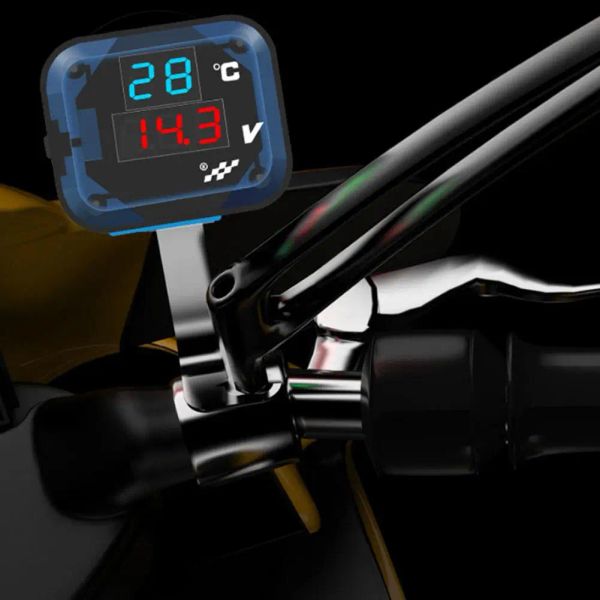 Motorcycle Digital Voltmeter Gauge 3-in-1 Battery Voltmeter Thermometer USB Charger 12-24V Temp Volt Tester Multimeter