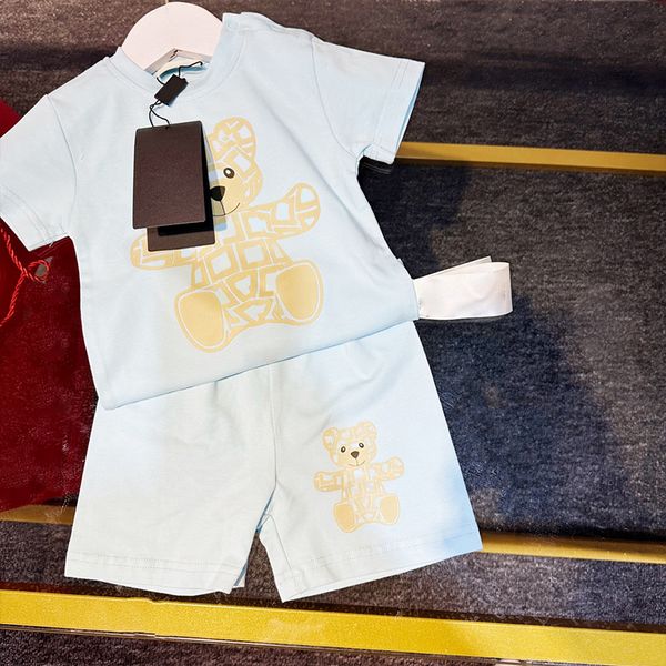 

10A Baby Boys and Girls Casual Suit Bear Letter Short Sleeve Set Summer Cotton Shorts Cute Tracksuit White Gray Clothing Sets 66-100cm, White1