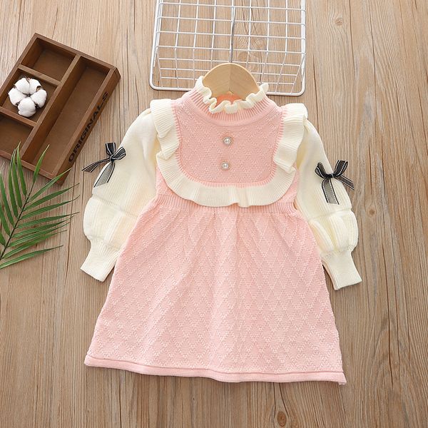 2024 new children's knitted dress autumn and winter dress pink New Year's dress princess dress baby one year old free shipping
