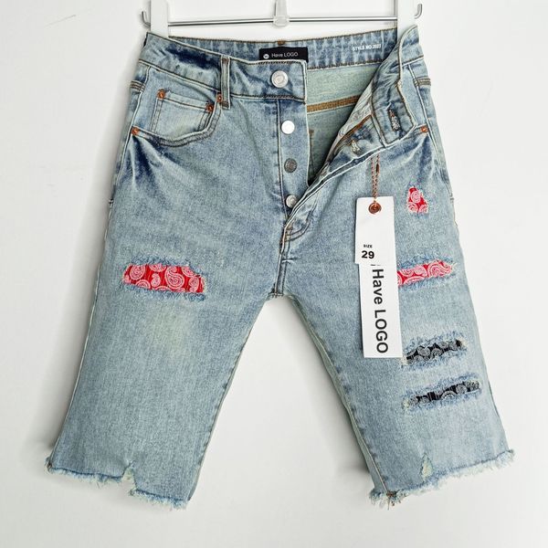 

American Men Jeans Designer Women Short Jean Pocket Button Fly Straight Holes Tight Burrs Ripped Cloth Denim Shorts Blue Purple